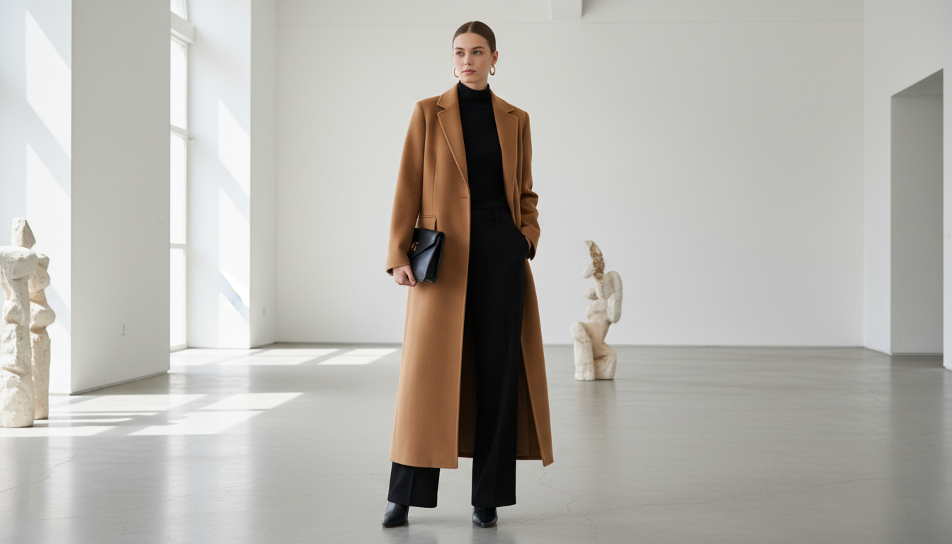 Изображение длинного, прямого макси-пальто верблюжьего цвета, надетого поверх черного минималистичного комплекта.