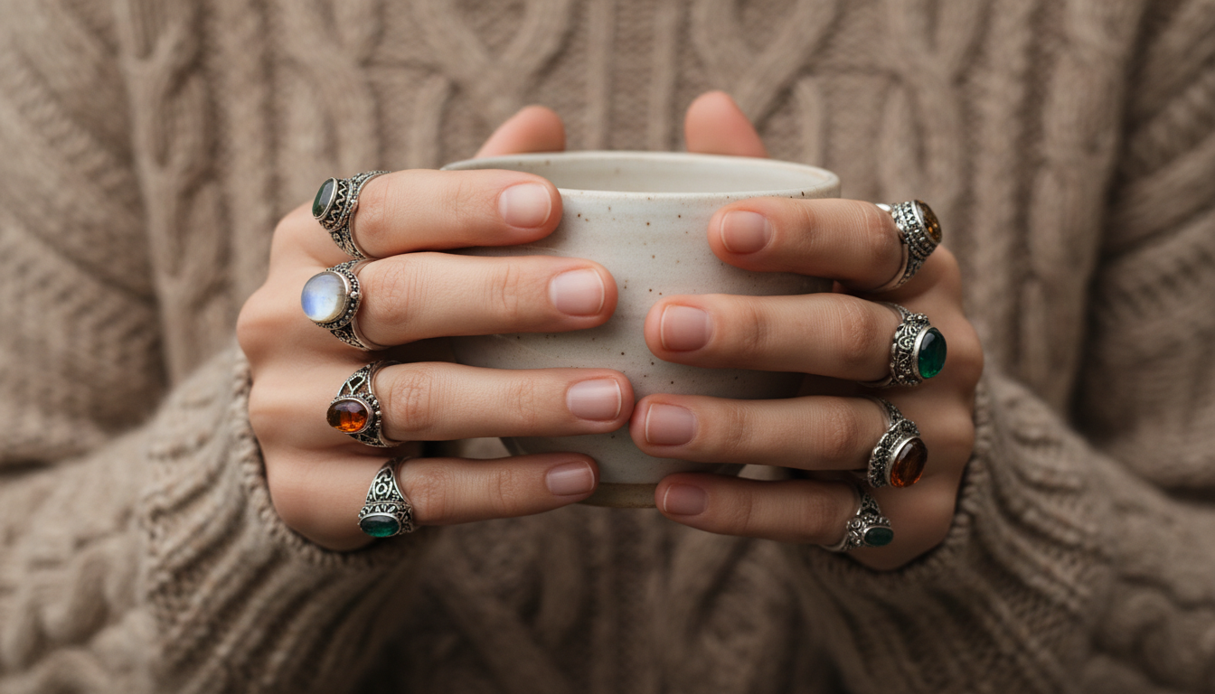 Детали: руки, украшенные винтажными кольцами, держат чашку на фоне крупного вязаного свитера.