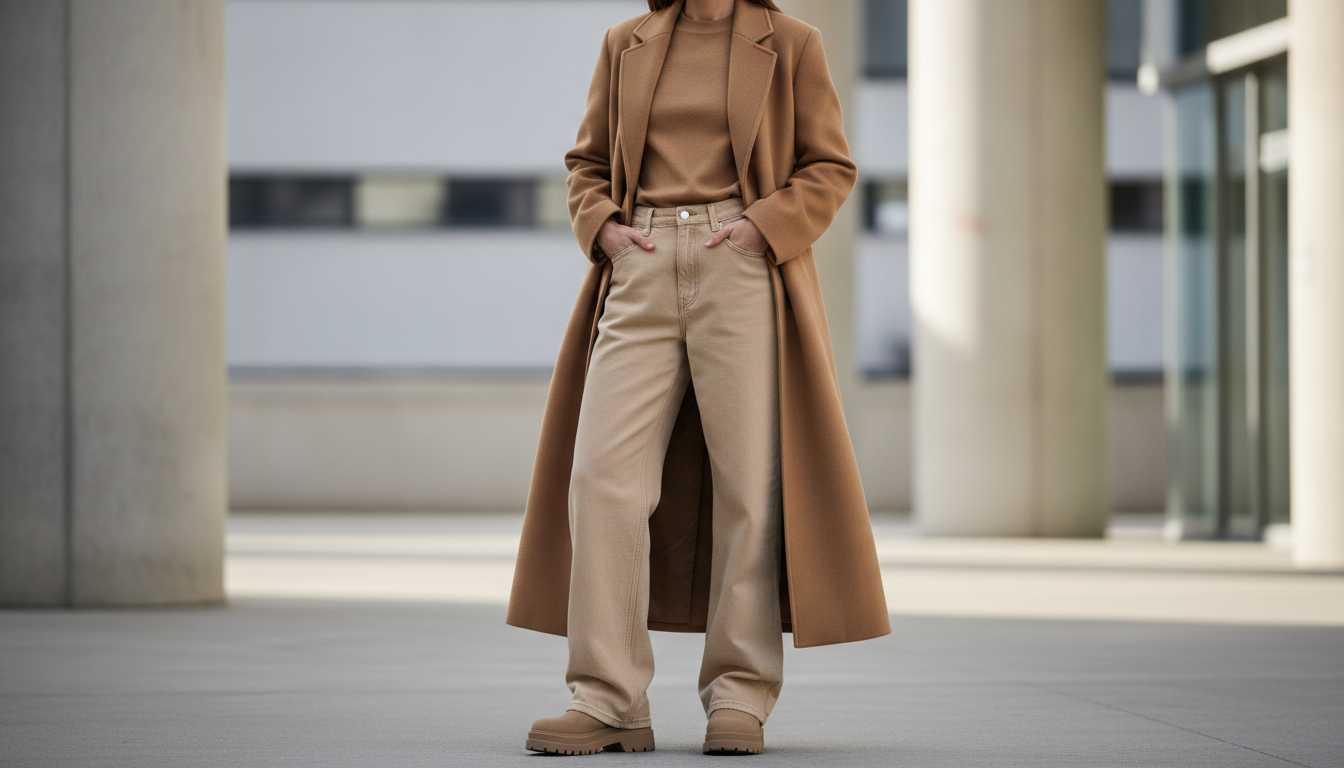Модель в очень длинных джинсах-лужах песочного цвета, полностью закрывающих массивную обувь, в сочетании с длинным шерстяным пальто.