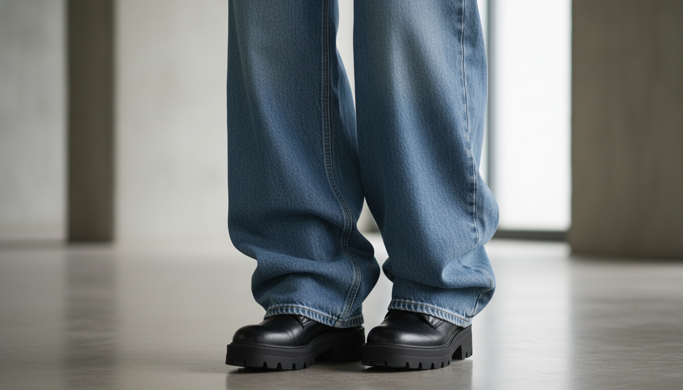 Детальный снимок: джинсы-лужи, демонстрирующие идеальные складки на лодыжках, надетые поверх ботинок с толстой платформой.