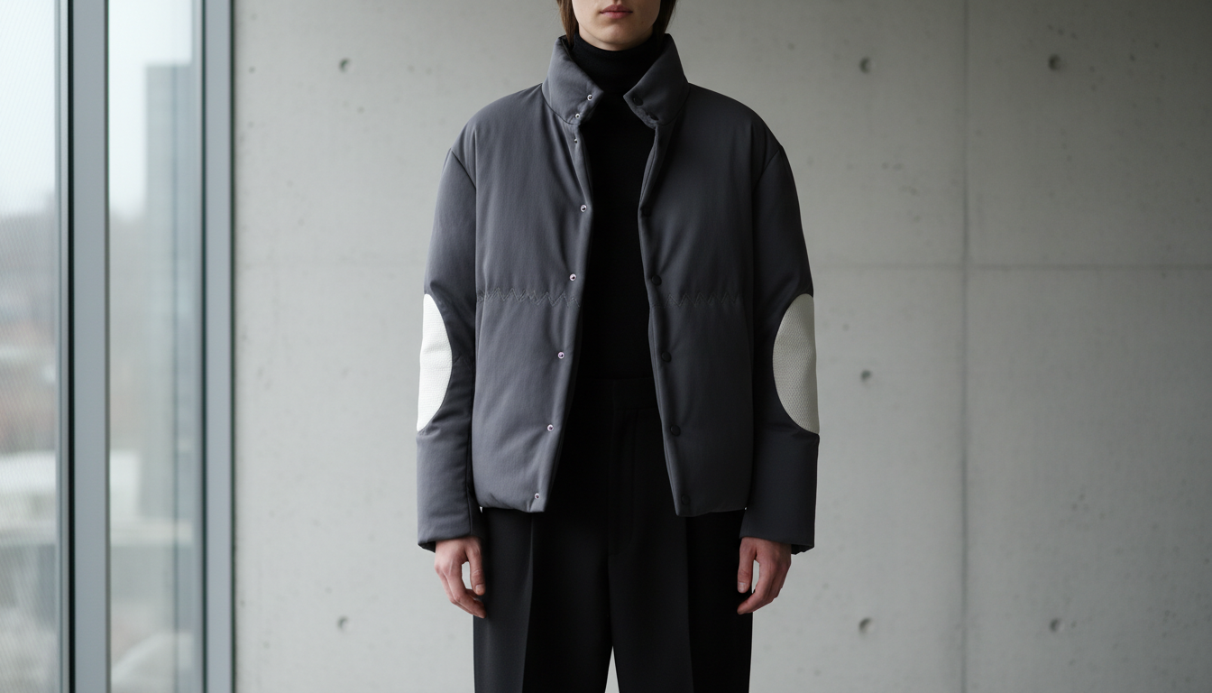 Дизайнерский пуховик, демонстрирующий сочетание матового нейлона и укрепленных Dyneema участков на локтях.