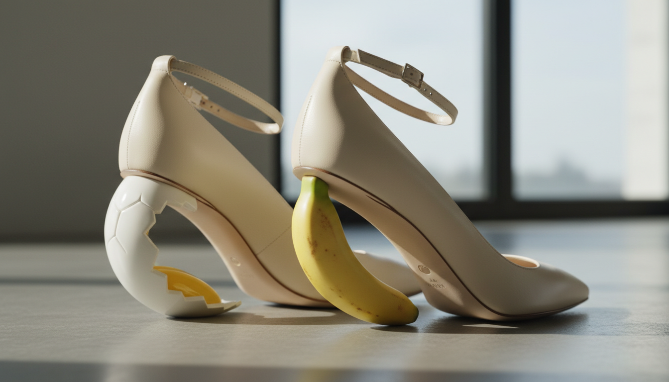 Крупный план на туфли Loewe с каблуком, стилизованным под разбитое яйцо или изогнутый банан, демонстрирующий скульптурную эстетику.