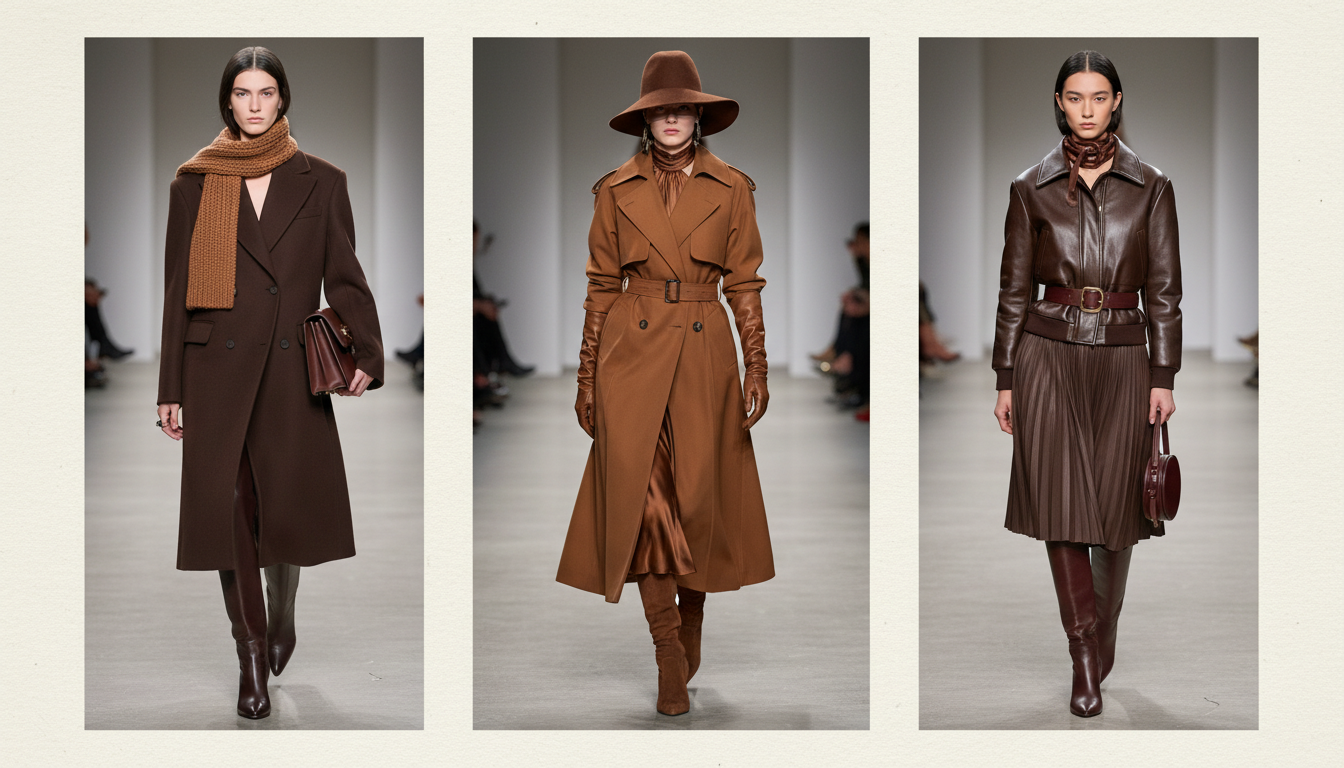 Коллаж из подиумных образов F/W 2025/2026, демонстрирующий доминирование глубокого коричневого в верхней одежде и аксессуарах.