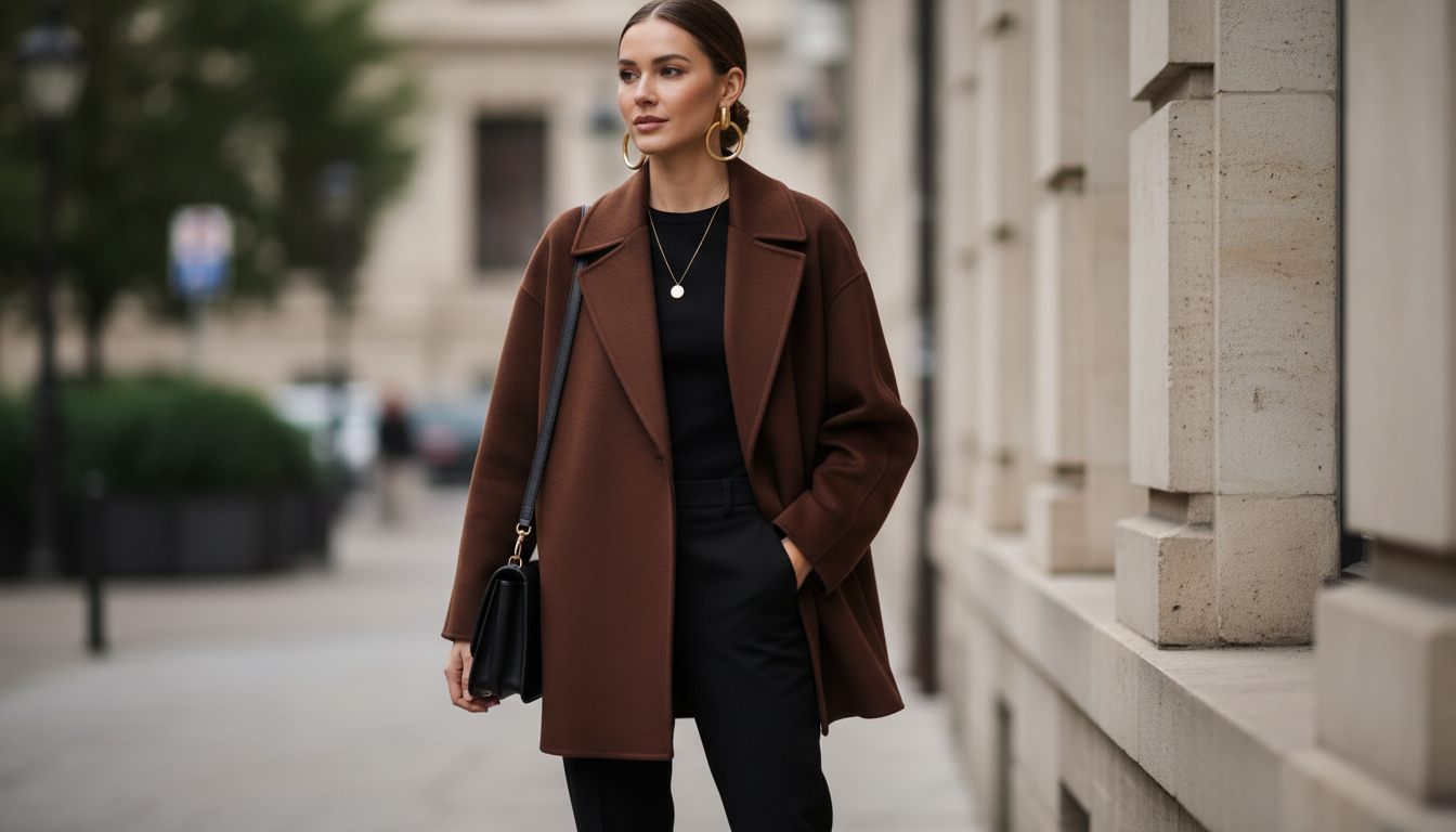 Женщина в объемном шоколадно-коричневом шерстяном пальто и черных брюках, с крупными золотыми серьгами.