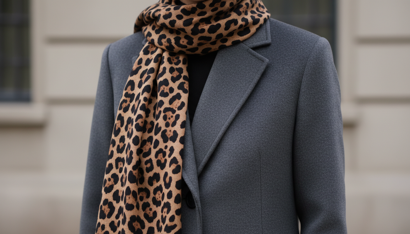 Деталь: леопардовый шарф, идеально сочетающий черный и коричневый, на фоне минималистичного пальто.