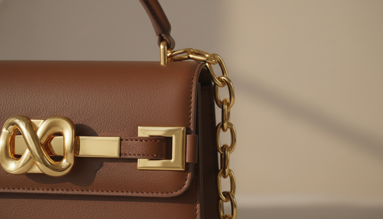 Крупный план золотой фурнитуры на шоколадно-коричневой кожаной сумке.