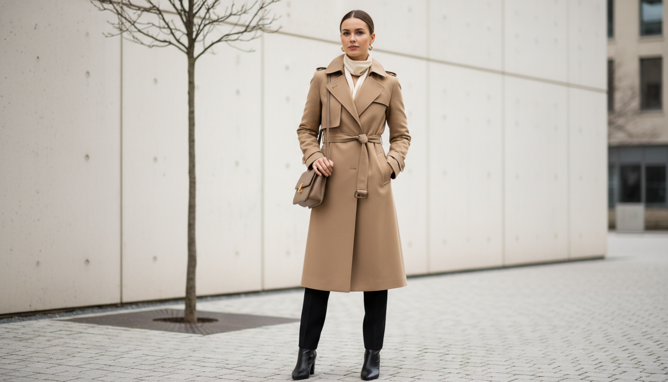 Девушка в классическом бежевом пальто Max Mara с идеальной посадкой