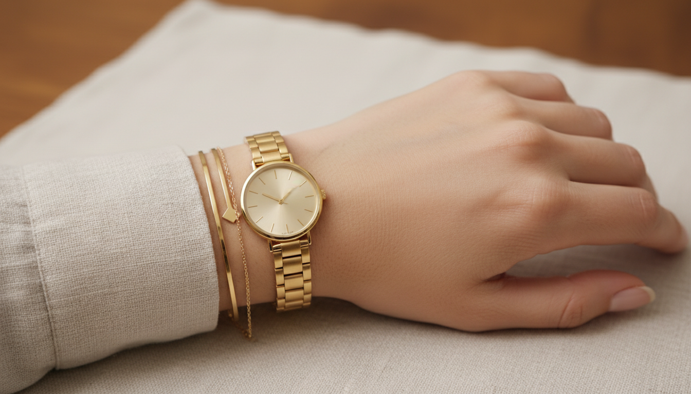 Крупный план на руке с классическими золотыми часами и минималистичными браслетами