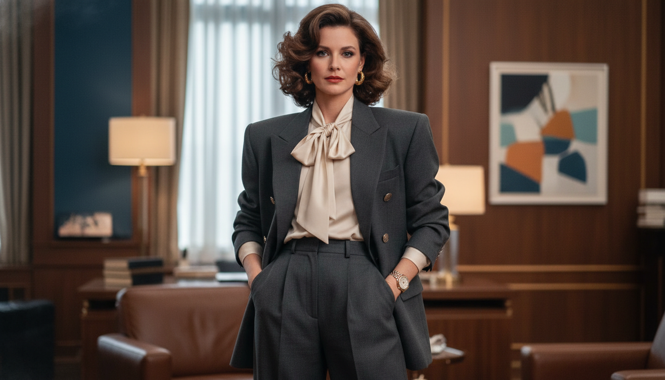 Ретроспектива: Кадры из фильмов 80-х с женщинами в объемных деловых костюмах, подчеркивающих плечи.