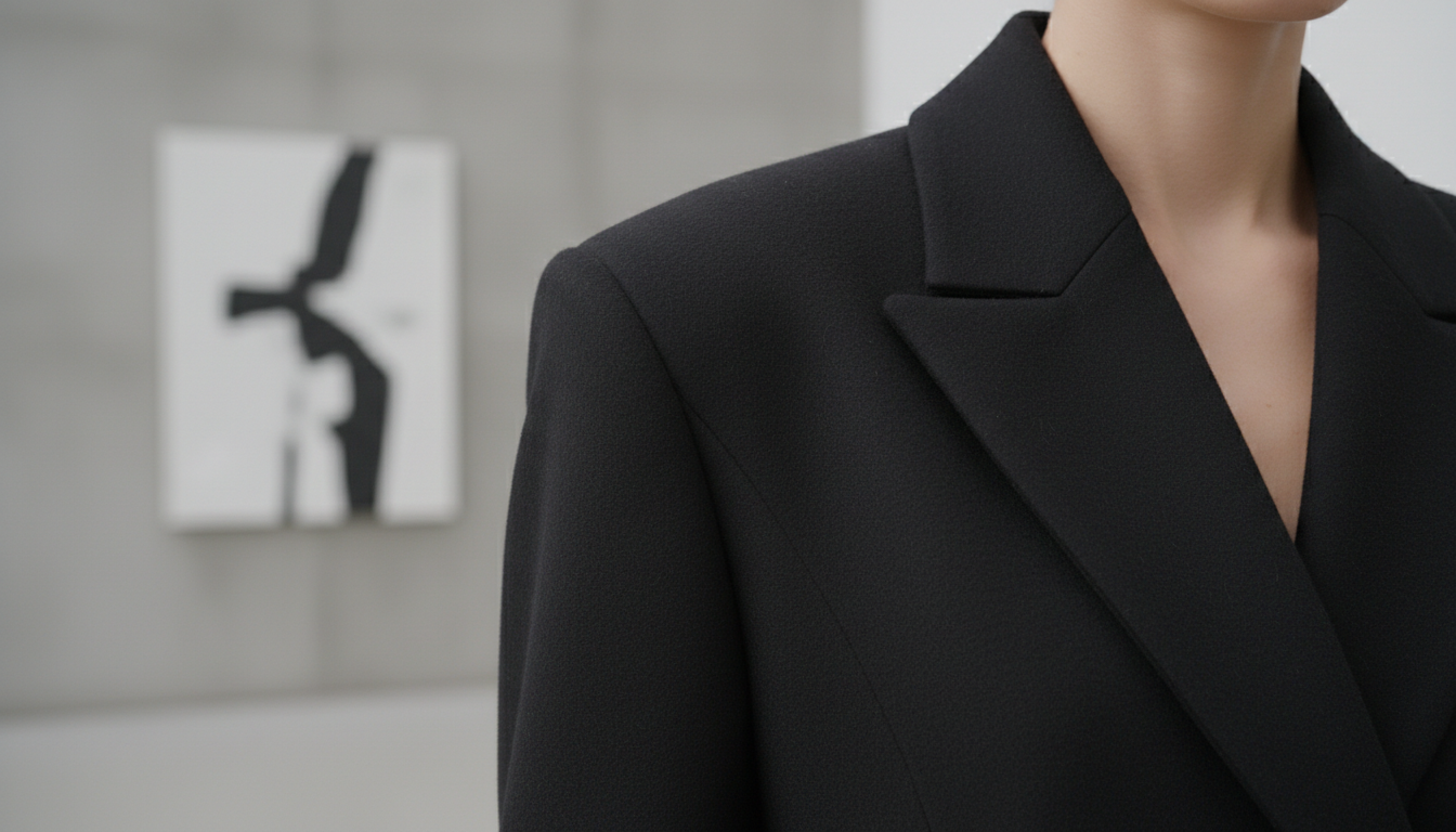 Крупный план: Архитектурные плечи жакета из плотной черной шерсти, демонстрирующие четкий, квадратный силуэт.