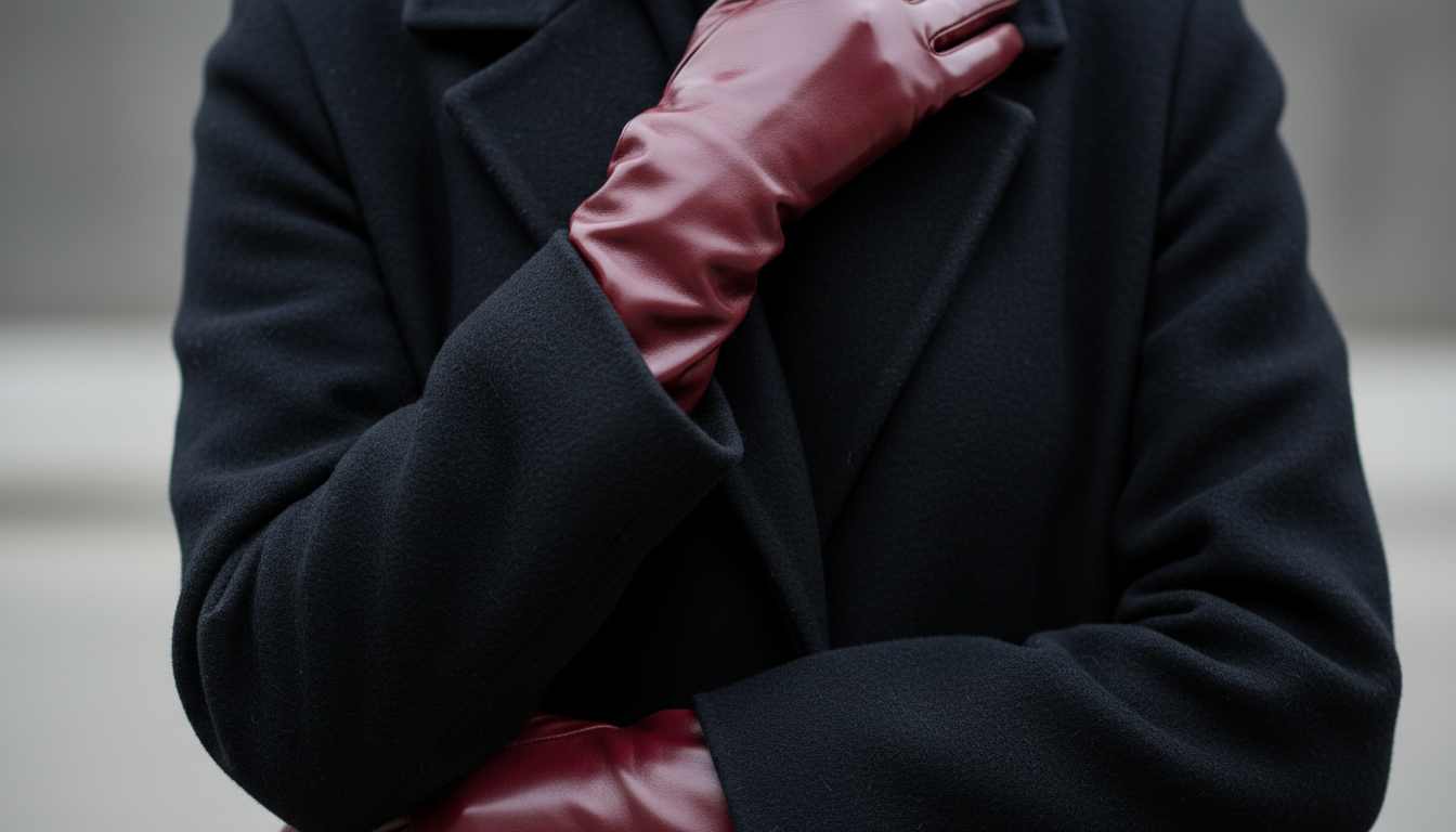 Крупный план длинных перчаток из винила бордового цвета, надетых поверх черного шерстяного пальто.