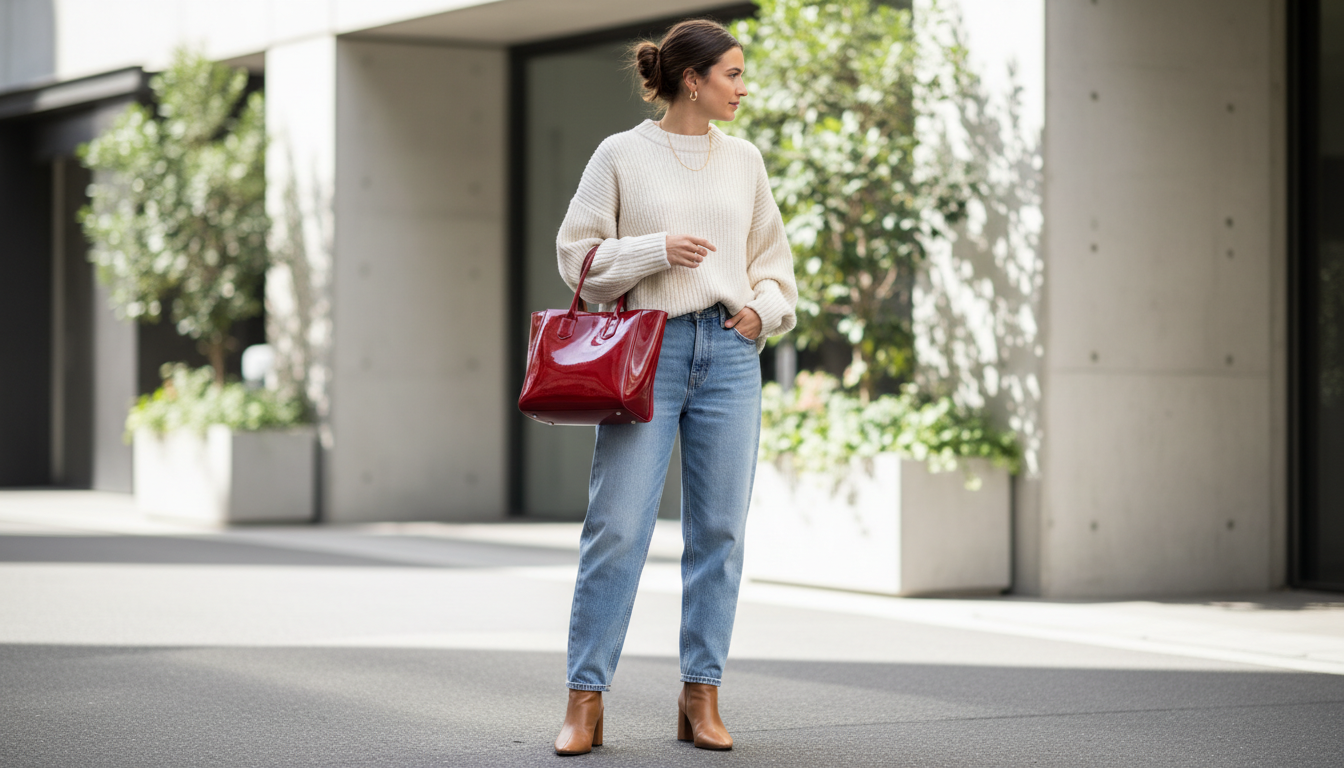 Женщина в широких джинсах, объемном бежевом свитере и с красной лаковой сумкой-тоут на плече.