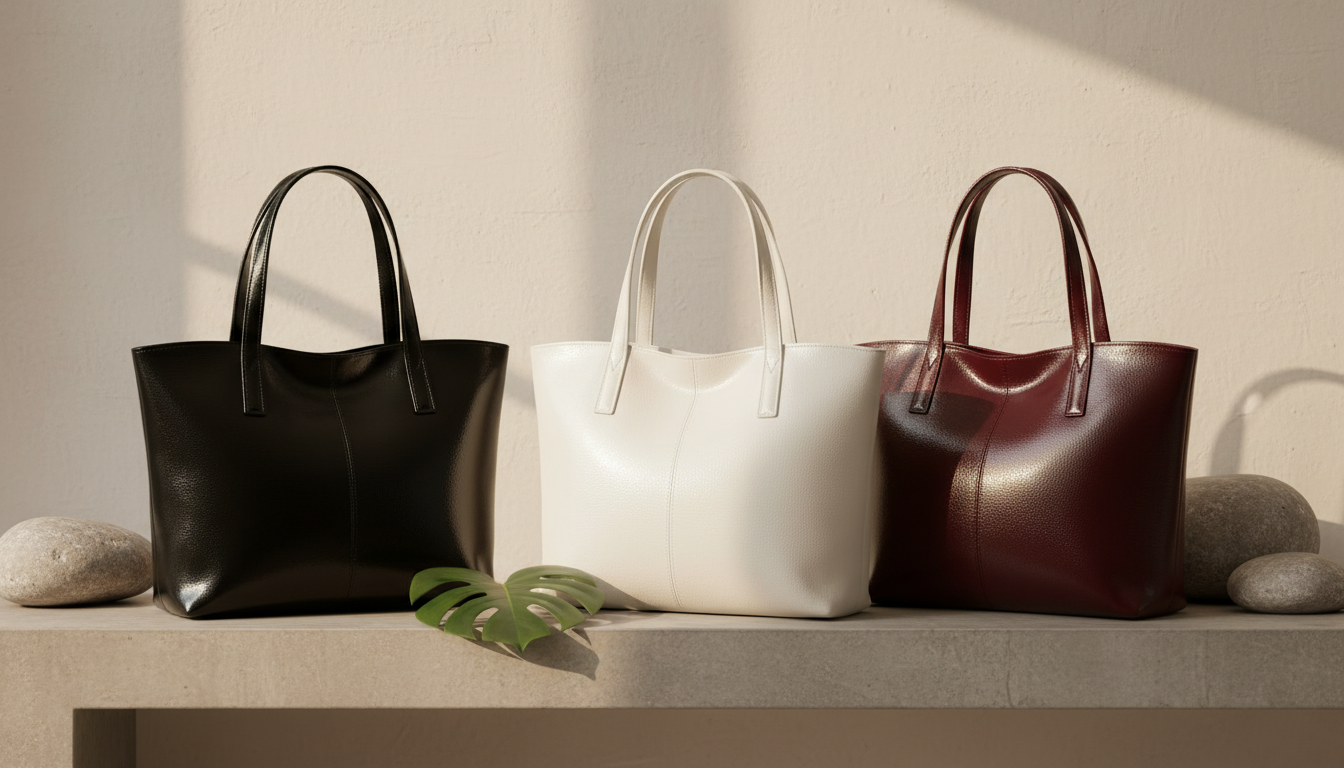 Подборка сумок-тоут из лакированной кожи разных цветов: черный, белый, бордовый.