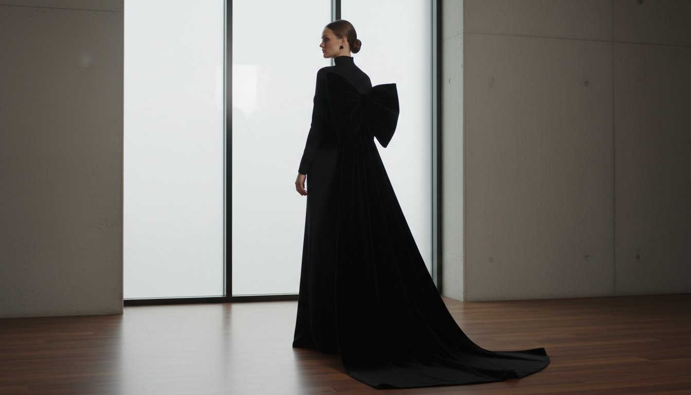 Модель в черном платье с высоким воротником, украшенным гигантским бантом из бархата на спине.