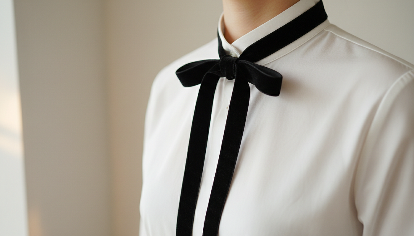 Детальный снимок: бант из тонкого черного бархата, завязанный на высоком воротнике.