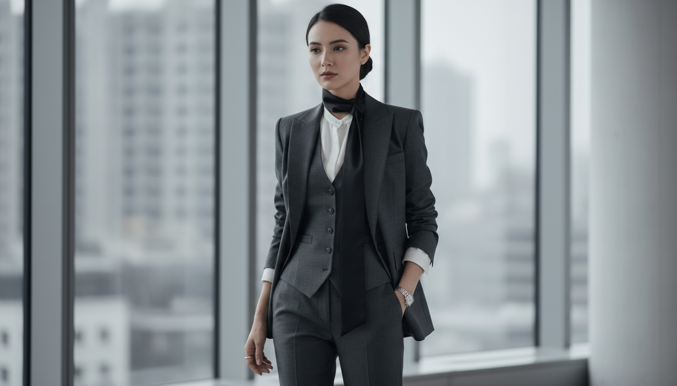 Стилизованная женщина в костюме-тройке, где галстук заменен длинной черной атласной лентой, свободно свисающей до пояса.