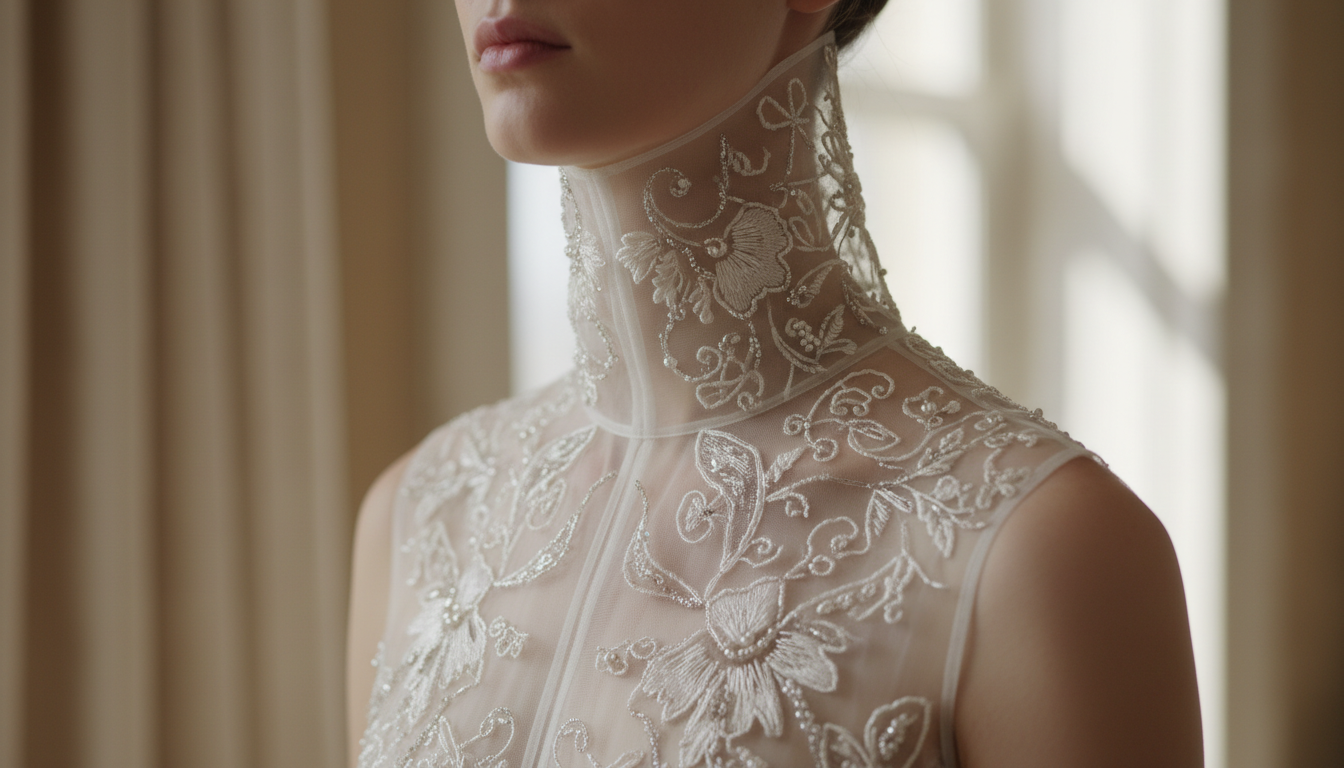 Детальный снимок: высокий воротник из тончайшей органзы с вышивкой.