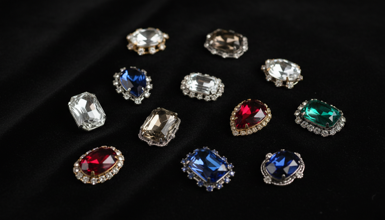 Винтажные броши 40-х годов с крупными кристаллами, расположенные на черном бархате.