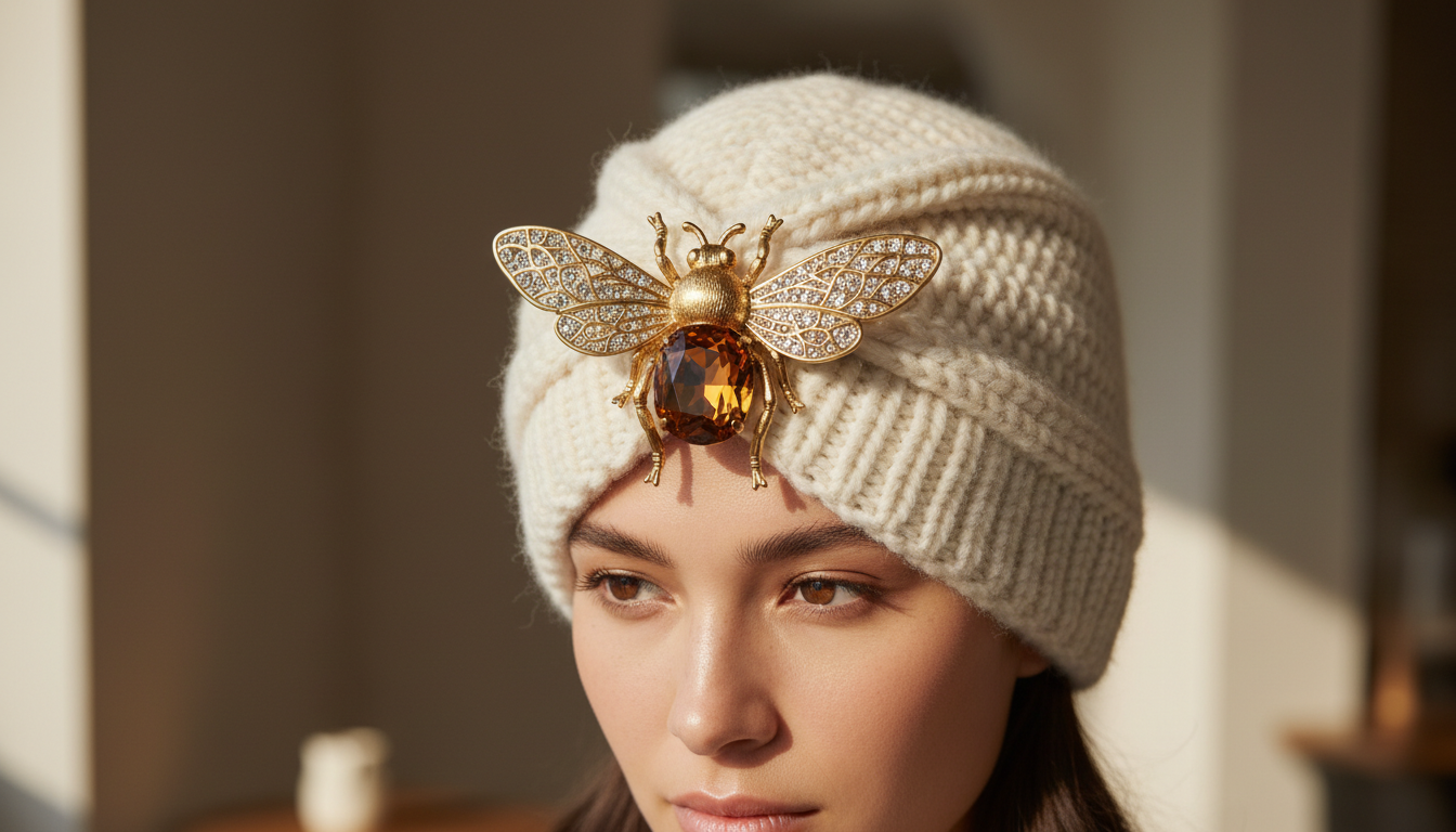 Пример ношения крупной броши в виде стилизованной пчелы на вязаной шапке или тюрбане.