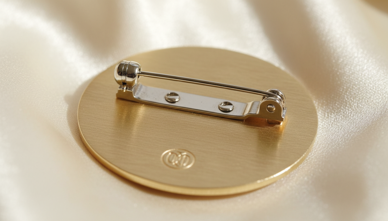 Крупный план задней части броши, демонстрирующий надежный механизм застежки и клеймо бренда.