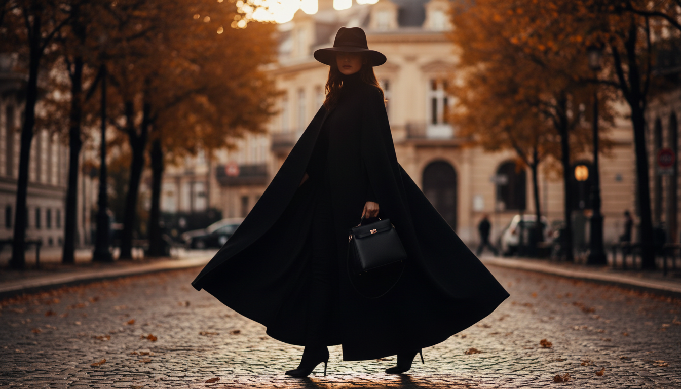 Стилизованный образ: женщина в длинном черном кейпе и черной фетровой федоре, идущая по осенней улице. Фокус на силуэте.