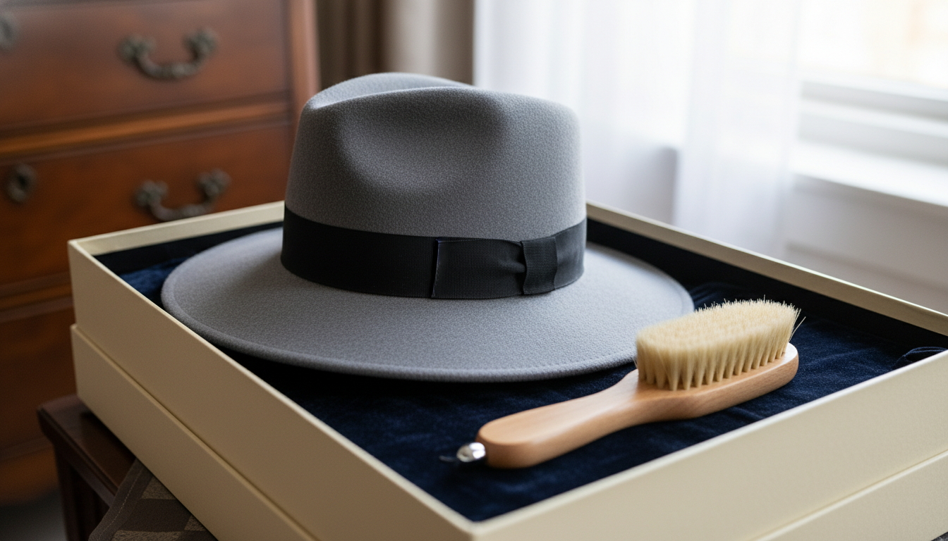 Изображение шляпной щетки и качественной фетровой шляпы, лежащей в коробке.