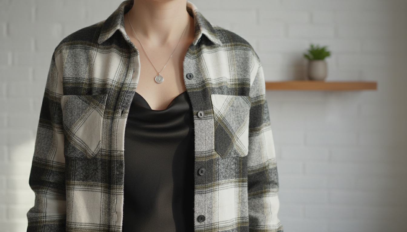 Крупный план клетчатой фланелевой рубашки, надетой поверх черного шелкового топа, демонстрирующий контраст текстур.