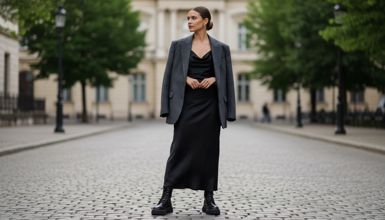 Тяжелые черные ботинки на тракторной подошве в сочетании с длинным атласным платьем-комбинацией и оверсайз блейзером.