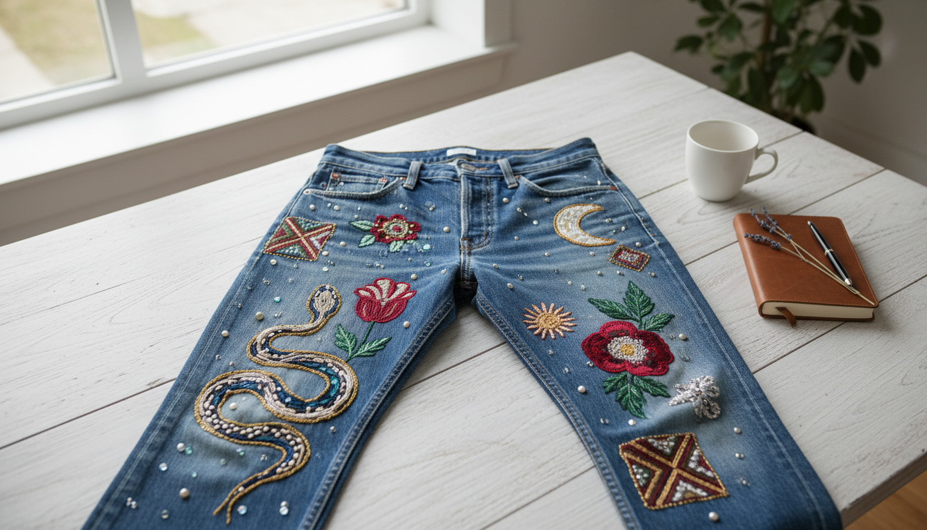 Классические джинсы Levi's, кастомизированные с помощью сложной ручной вышивки и нашивок.