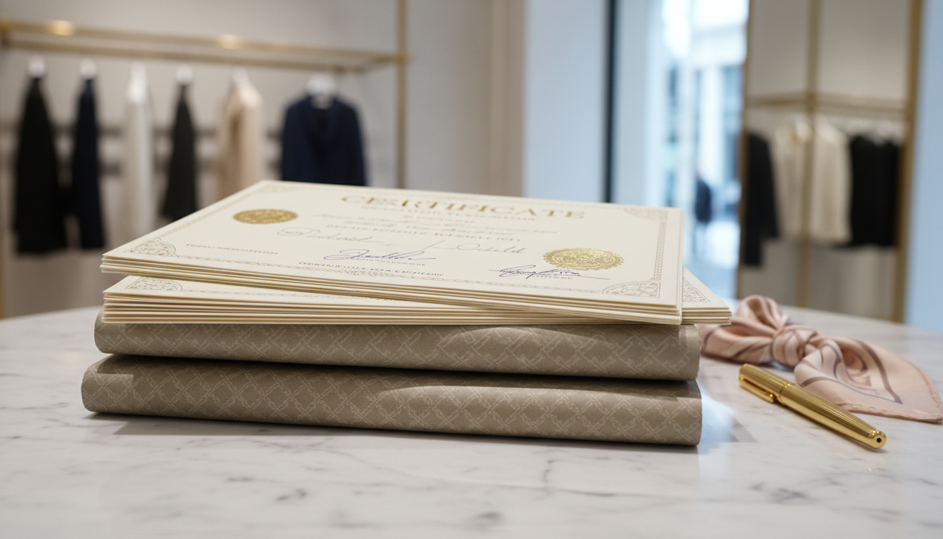 Стопка документов - сертификатов качества и гарантийных талонов на ремонт люксовой вещи.