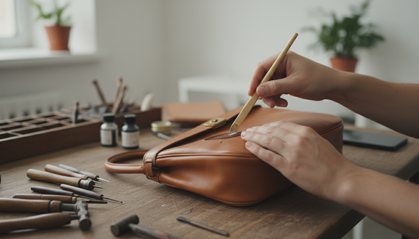 Крупный план рук мастера, реставрирующего кожаную сумку, с использованием специализированных инструментов.
