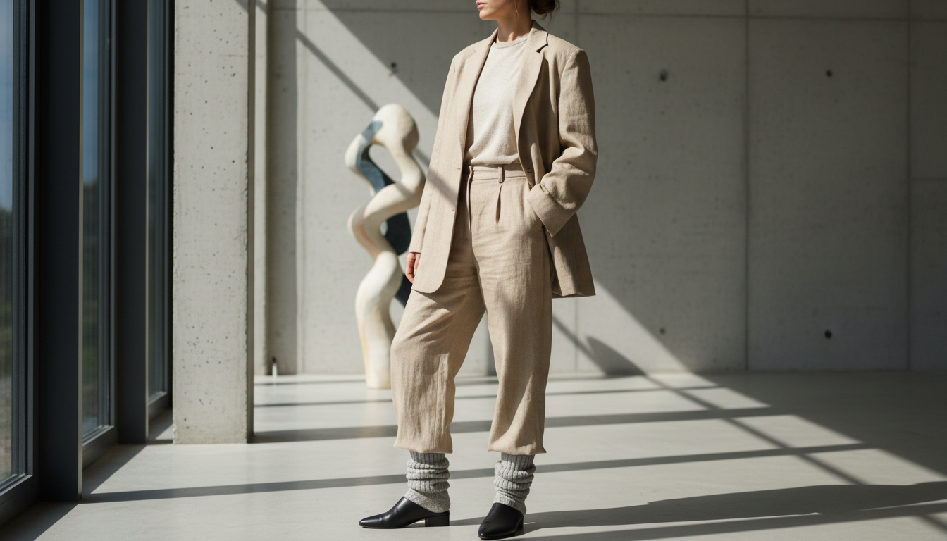 Модель в свободном брючном костюме бежевого цвета. На ногах - черные кожаные мюли, надетые на плотные светло-серые гольфы, присборенные на щиколотке.