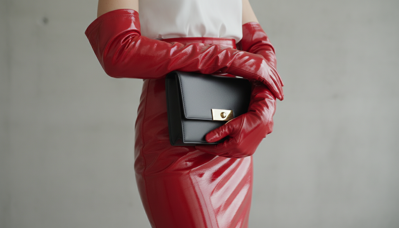 Женщина в длинных красных лакированных кожаных перчатках, держащая в руке клатч.