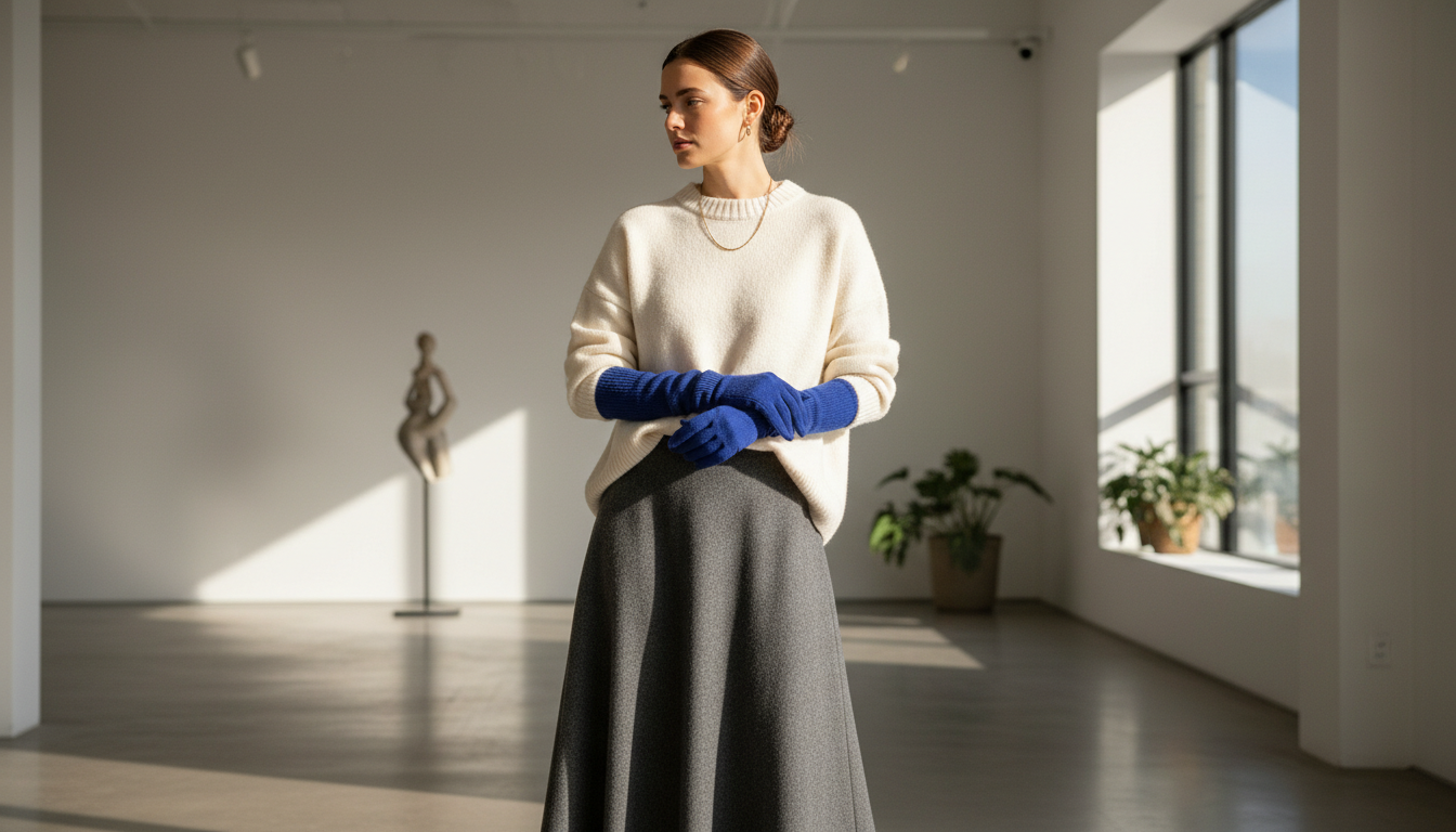 Женщина в длинных синих трикотажных перчатках, стилизующих их с объемным свитером и юбкой миди.