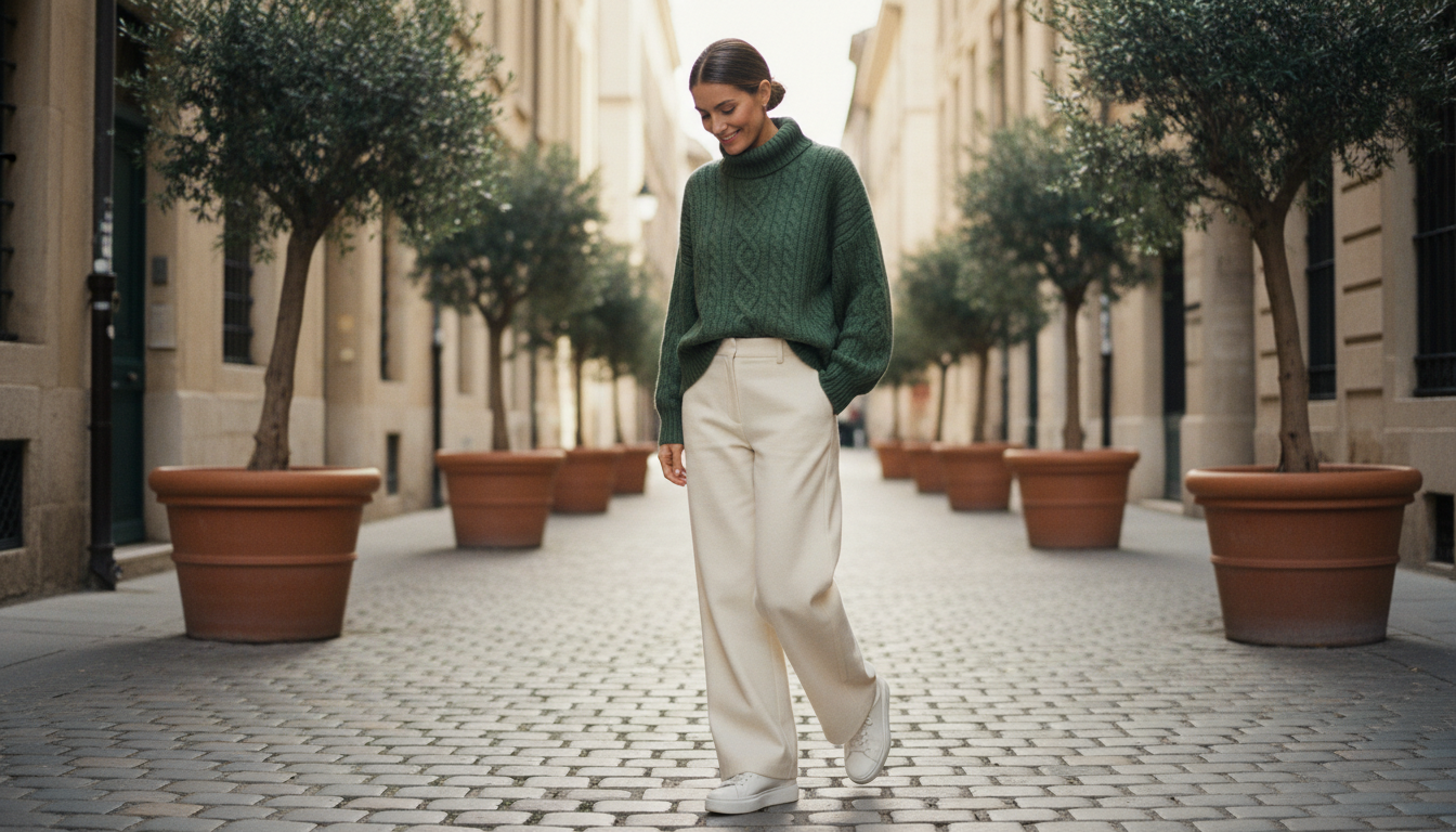 Модель в уютном образе: широкие брюки, крупный вязаный свитер и белые кроссовки.
