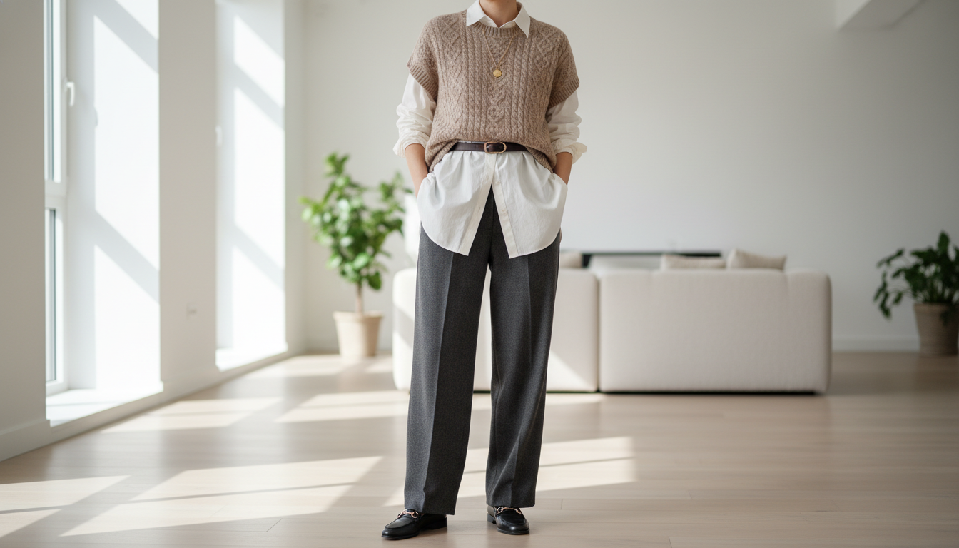 Детальный образ многослойности: шерстяные брюки, рубашка и вязаный жилет.