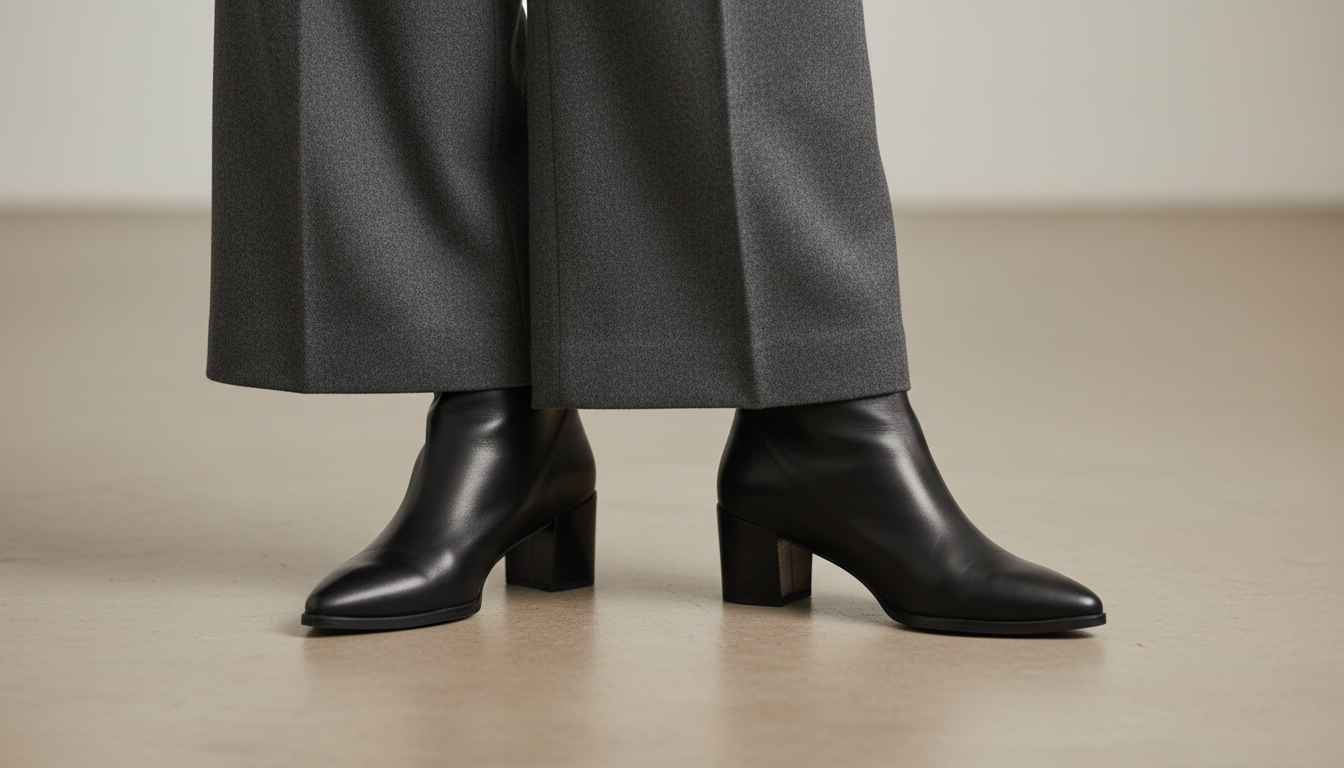 Детали: остроносые ботильоны на устойчивом каблуке, выглядывающие из-под широких шерстяных брюк.