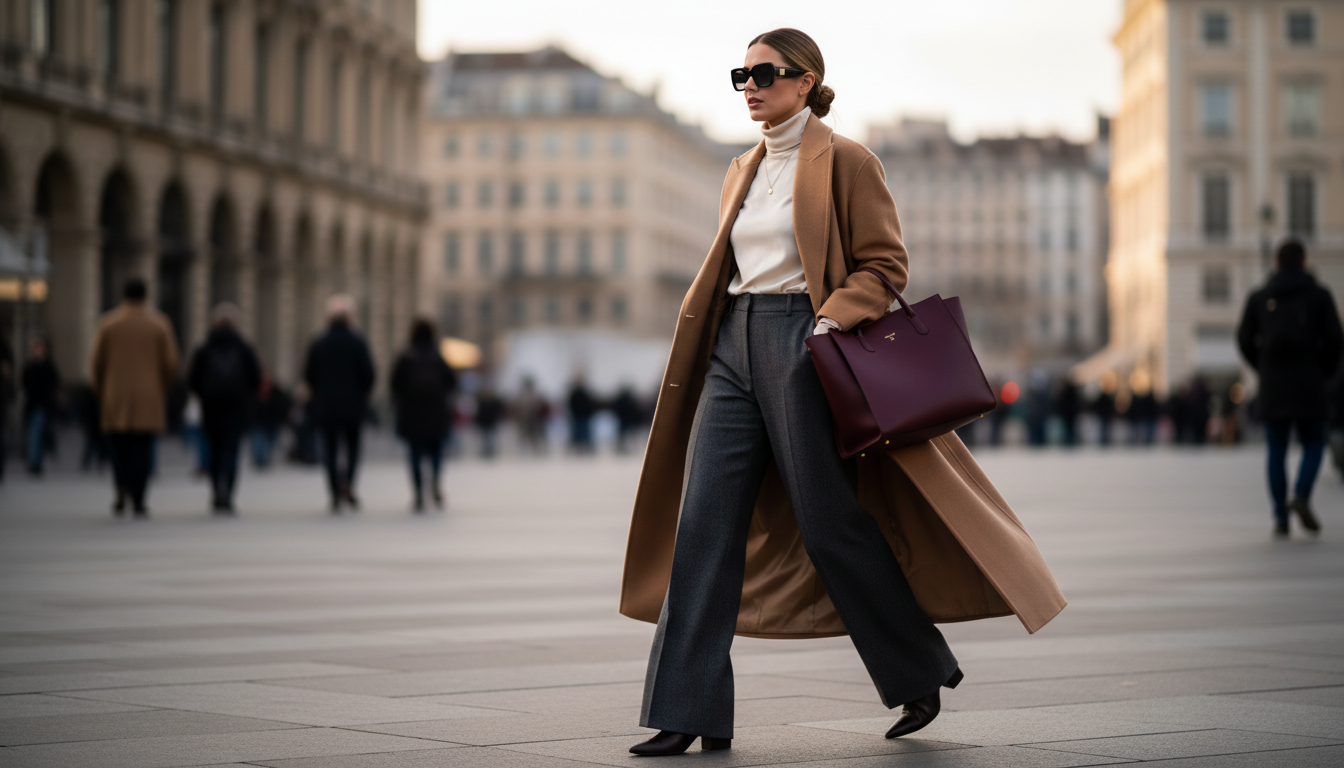 Завершающий образ: стильная женщина, уверенно шагающая по городу в широких брюках и длинном пальто.