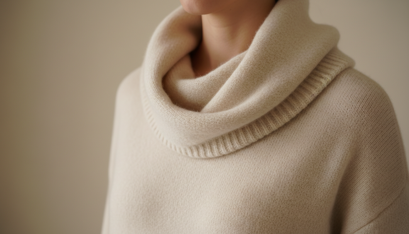 Крупный план воротника-качели на свитере из толстого кашемира, демонстрирующий мягкие складки.