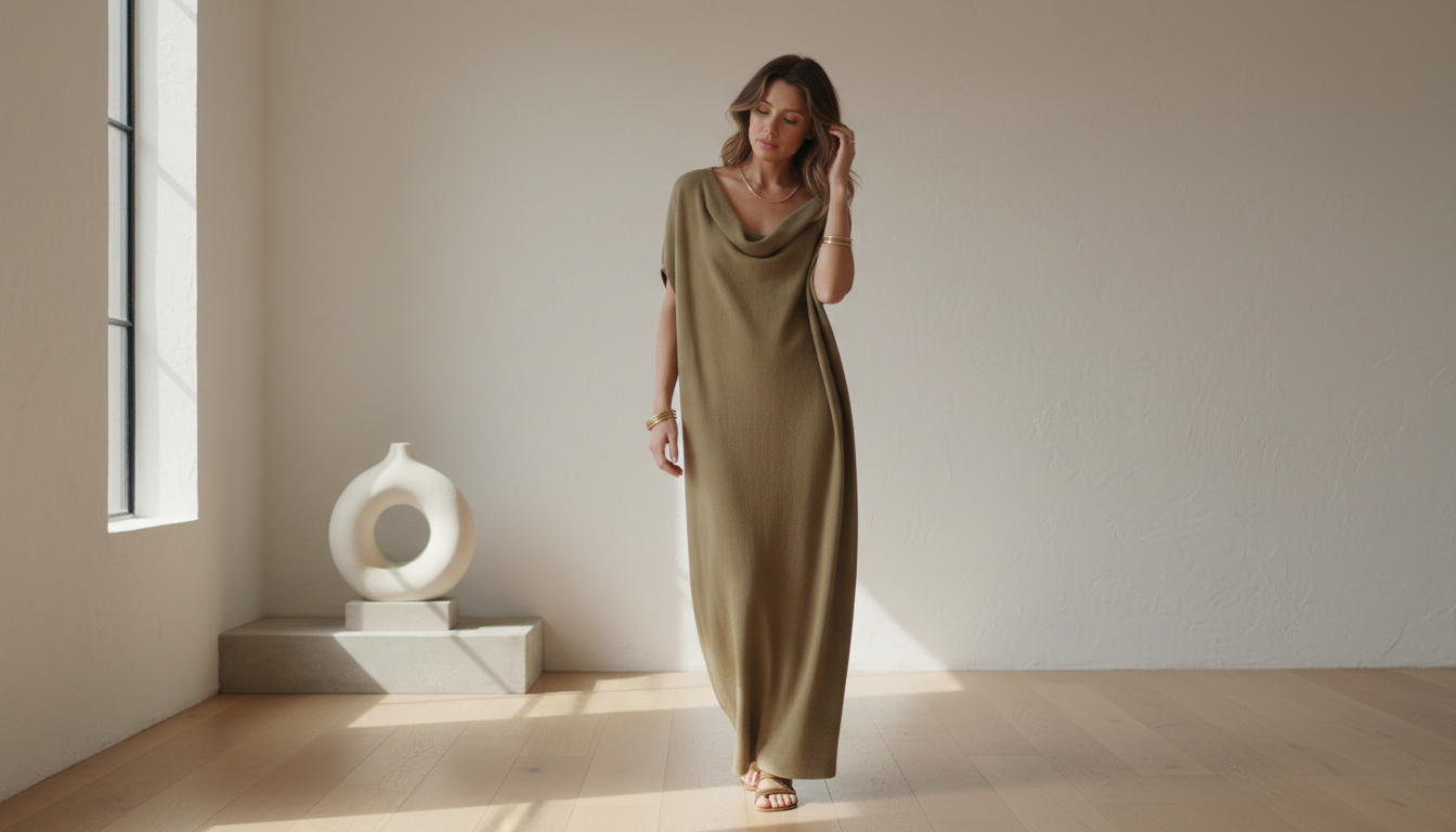 Женщина в трикотажном платье-макси цвета хаки с воротником-качели, стоящая в минималистичном интерьере.
