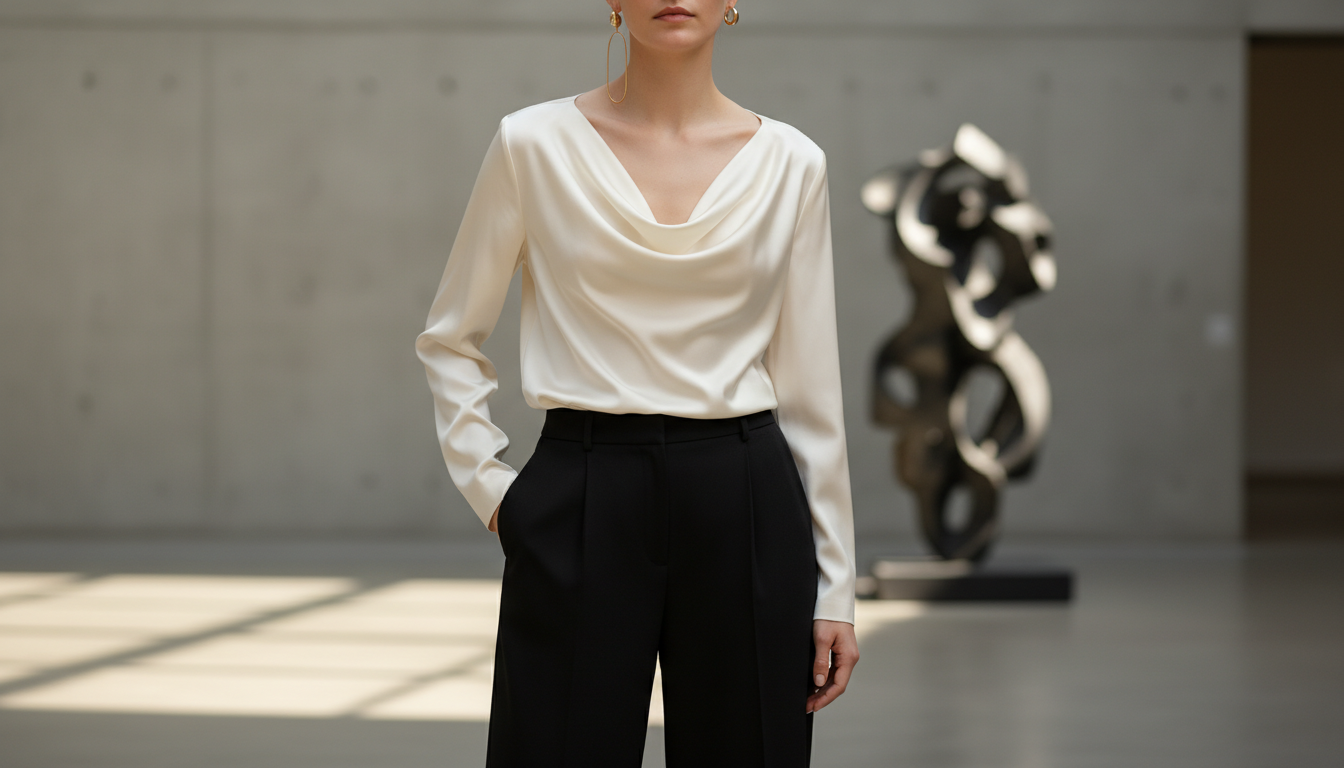 Блузка из тяжелого кремового атласа с воротником-качели, заправленная в черные широкие брюки. Образ дополнен минималистичными золотыми серьгами.