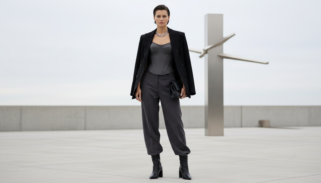 Модель в современном корсете, стилизованном с широкими брюками и строгим блейзером, демонстрирующая баланс силы и женственности