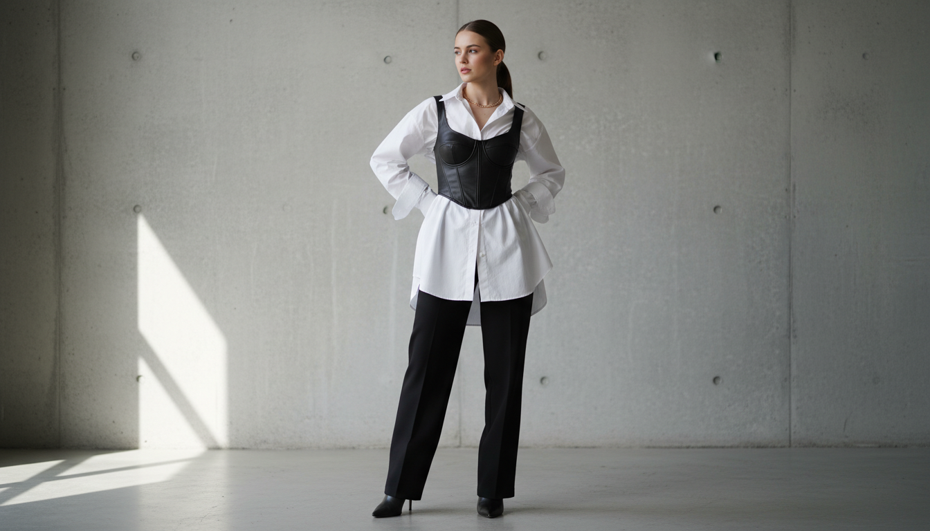 Девушка в черном кожаном бюстье, надетом поверх оверсайз рубашки, создающей контраст объемов