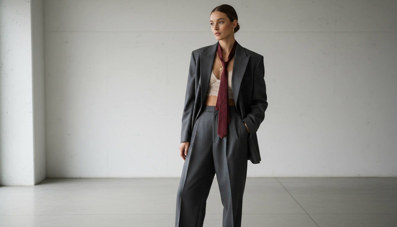 Женщина в широком мужском костюме с галстуком, под которым виден кружевной топ