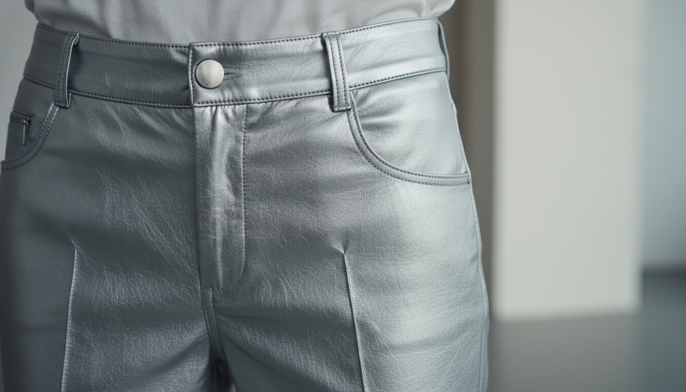 Крупный план текстуры ламинированной серебряной кожи на брюках с деталями кроя.