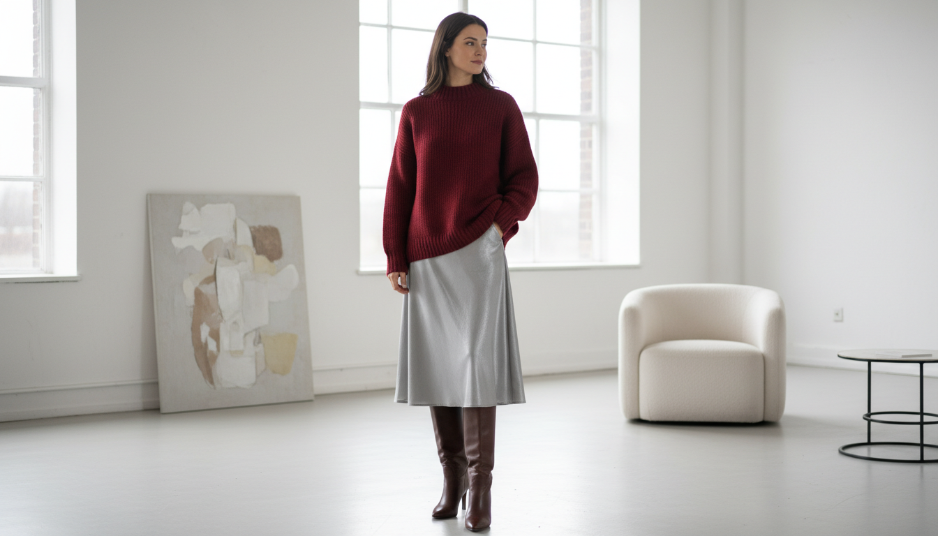 Серебряная юбка-миди прямого кроя, стилизованная с объемным свитером цвета Oxblood и высокими сапогами.