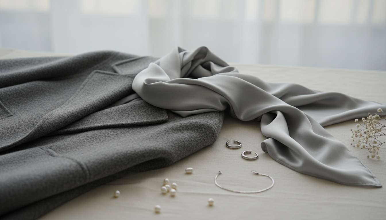 Стилизованный натюрморт с серебряным шарфом, лежащим на шерстяном пальто.