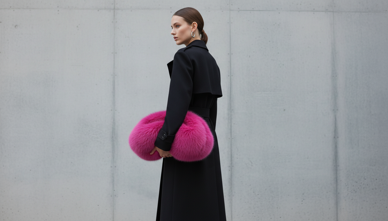 Модель держит в руке объемную, ярко-розовую сумку-облако из длинноворсового искусственного меха, на фоне строгого черного пальто