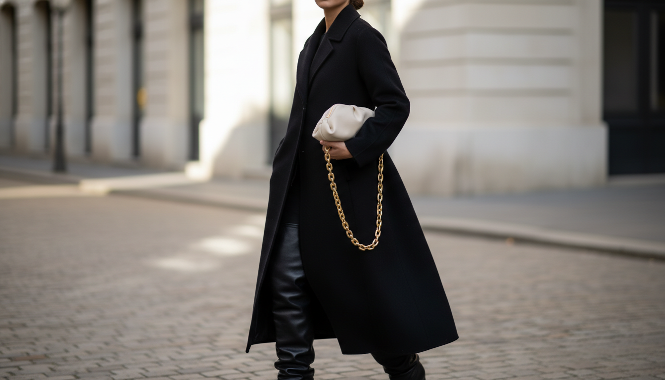 Стилизация: Черное макси-пальто, из-под которого видны высокие черные сапоги-муфты, в руках – миниатюрная сумка-облако с золотой цепочкой