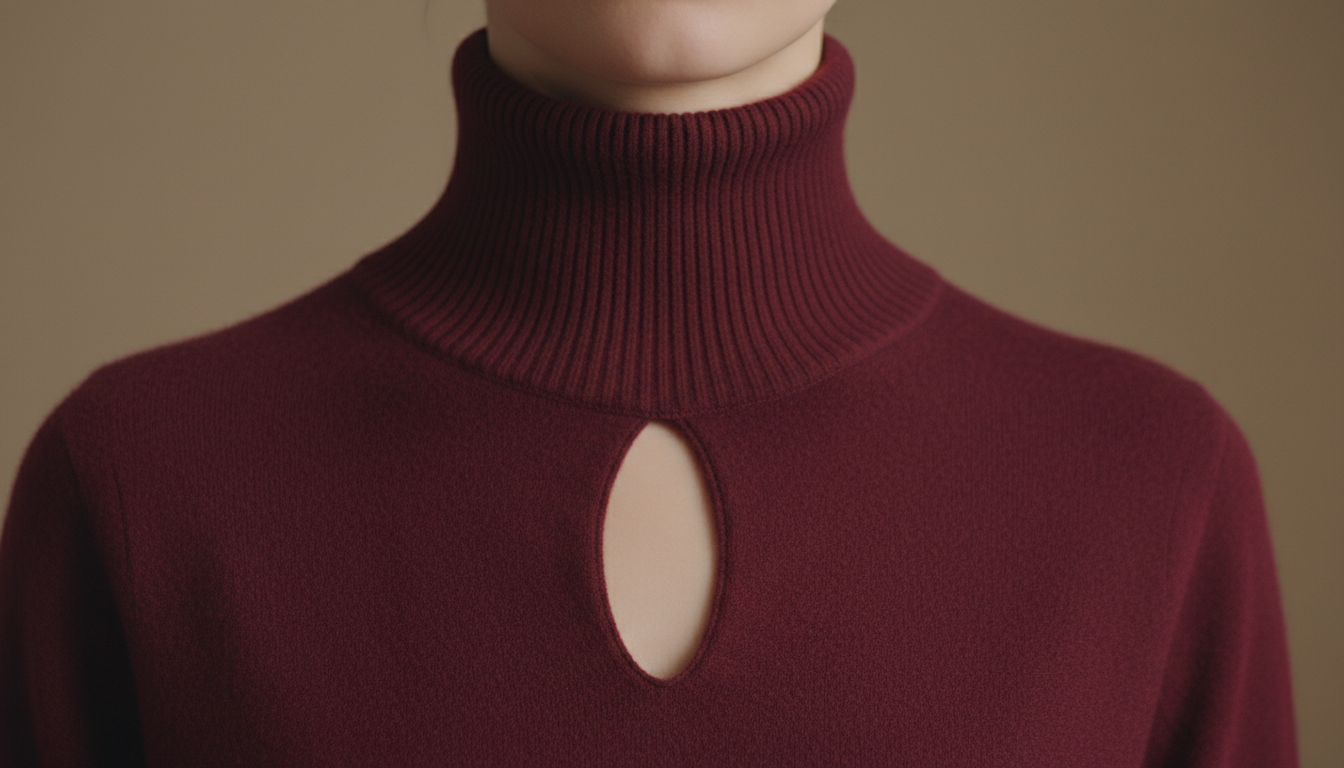 Крупный план воротника-стойки и выреза «кейхол» в форме капли на кашемировом свитере глубокого бордового цвета.
